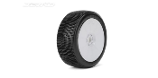 Pneus Buggy 1/8e "LESNAR" Montés-Collés sur jantes REVO Blanche (la paire) JETKOPOWER