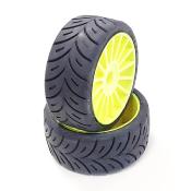 Pneus 1/8 GT RADIAL montés sur jantes JAUNES (2pcs) - choix de dureté SP RACING TEAM