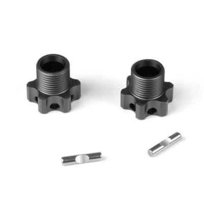 Hexagones de roues +3mm allégés gun métal anodisés avec goupilles (2) TEKNO-RC