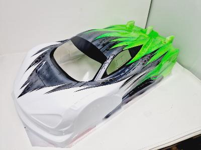 CARROSSERIE PEINTE ET DÉCORÉE SEVEN65 GT8 Blanc/Silver et Vert Fluo AVEC AILERON BITTYDESIGN